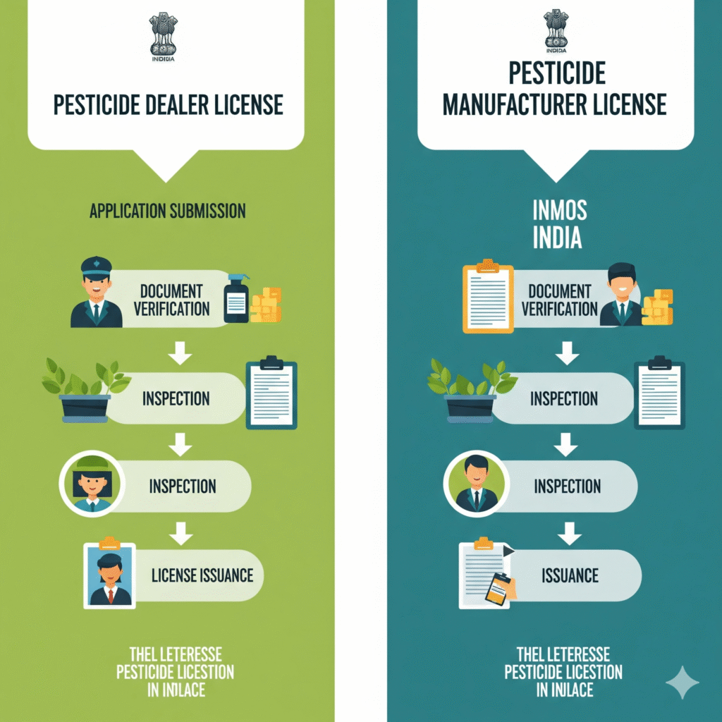 Pesticide license registration process in India showing application, verification, inspection, and approval